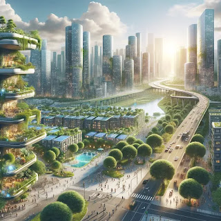 Futuristic cityscape with lush greenery integrated into skyscrapers and multi-level urban parks. A sunlit river winds through the city, with a crowded pedestrian plaza and busy thoroughfares flanked by dense foliage and modern buildings.