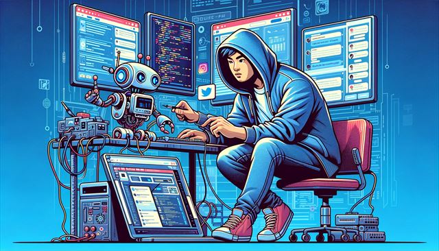 A horizontal illustration featuring an Asian man wearing a hoodie with the hood up, engaged in creating a bot that automatically runs Twitter. The man is depicted in a focused and dynamic pose, sitting in front of a computer with multiple screens. On the screens, various programming interfaces and Twitter feeds are visible, indicating the process of bot creation. The bot beside him is cartoonish in style, partially assembled, with elements like a screen, keyboard, and antennas, symbolizing its function in automating Twitter. The setting is a tech-inspired workspace, filled with digital gadgets and a futuristic ambiance.