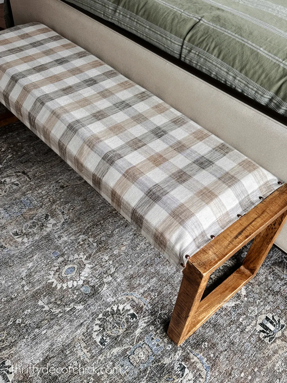 cream checked fabric on bench