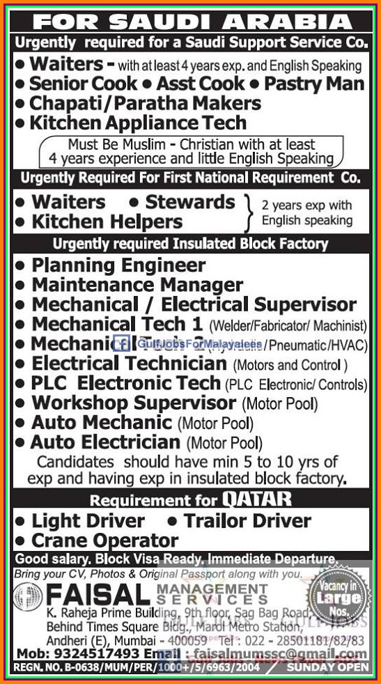 KSA & Qatar Large job vacancies