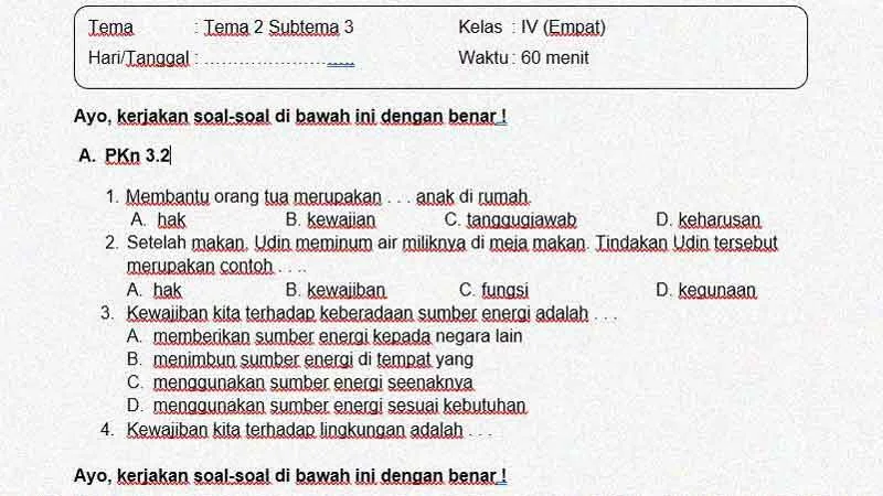 Latihan Soal Ulangan Kelas 4 Tema 2 Subtema 3 + Kunci Jawaban