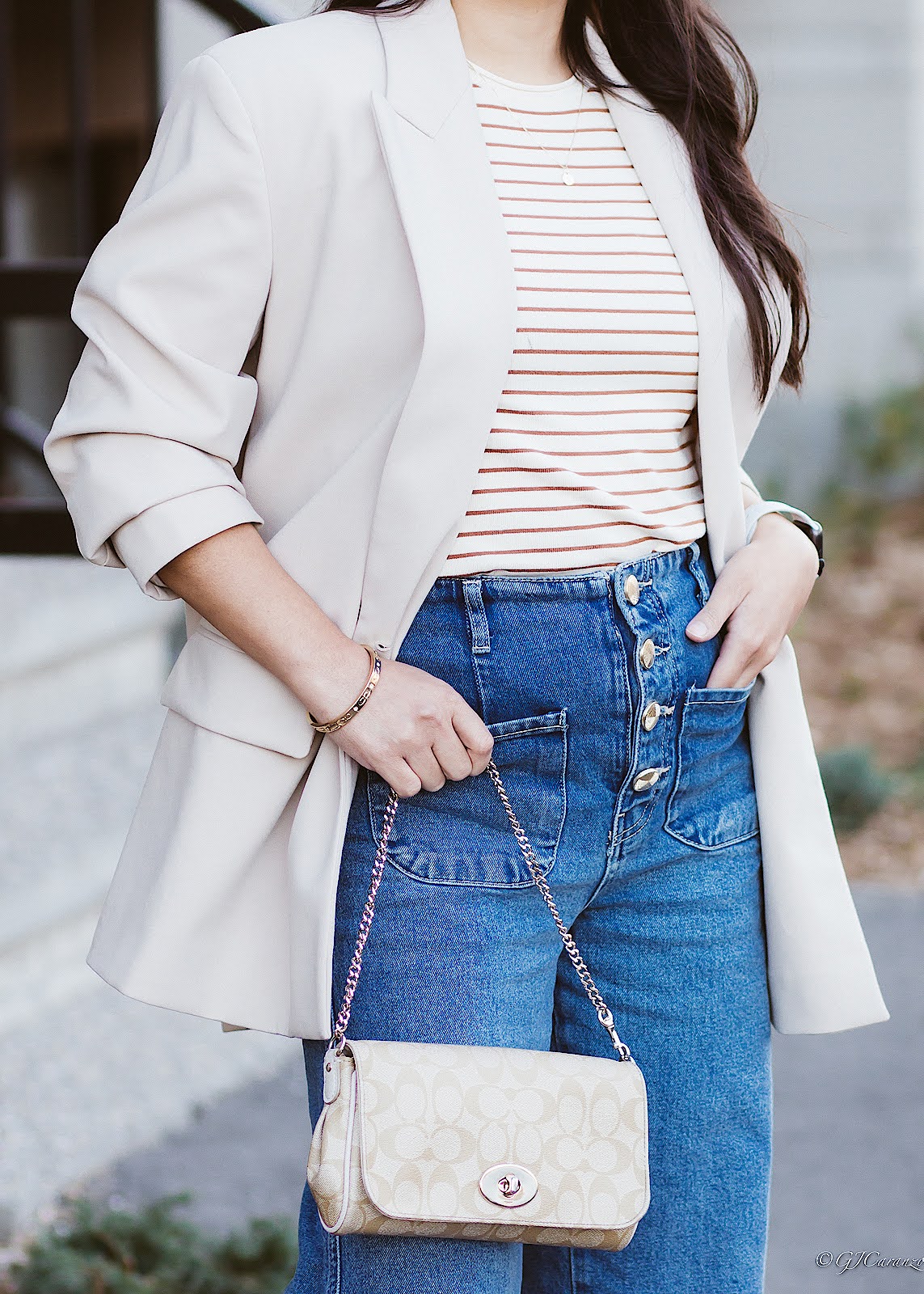 Zara Buttoned Jeans | Zara Oversize Blazer | Zara Stripe Top | Vince Camuto Pointed Toe Booties | Coach Bag | Petite Fashion | Office Look