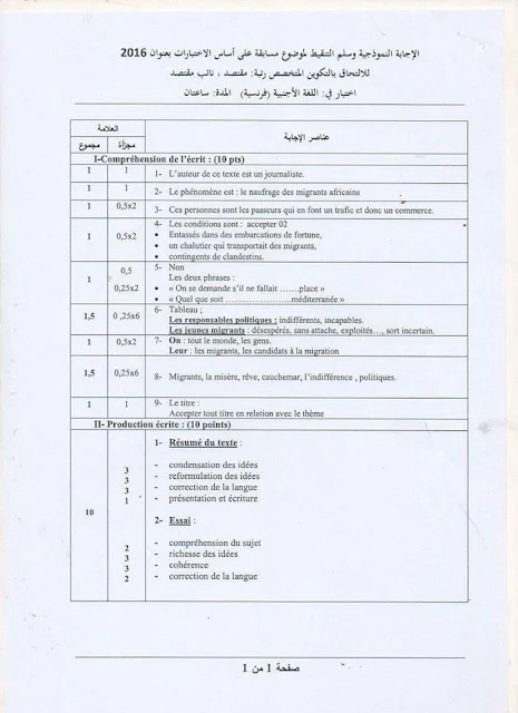 الإجابة النموذجية لمسابقة مقتصد موضوع الفرنسية 2016 