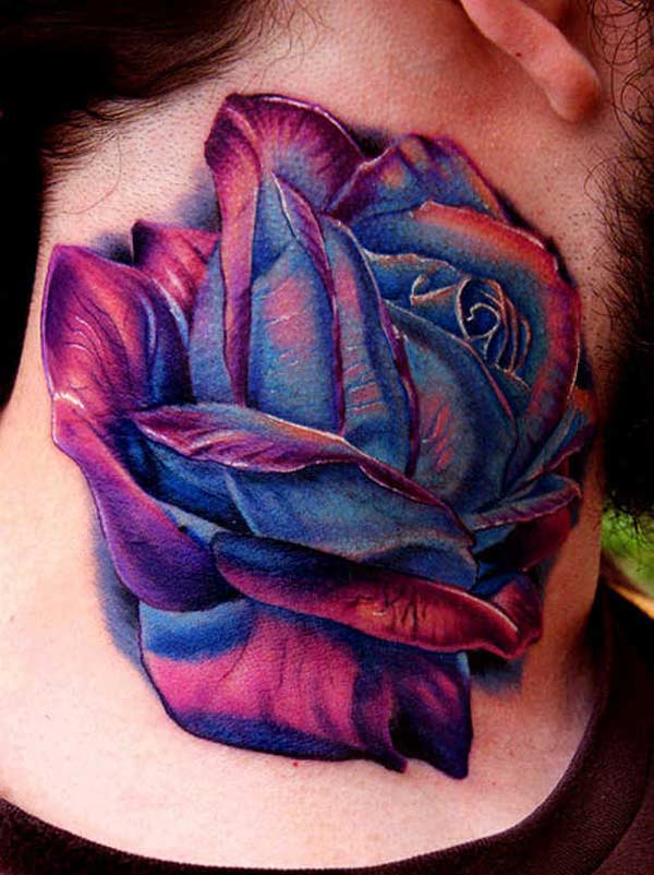 Wonderful coloring blue and purple rose tattoo designs on the neck for men