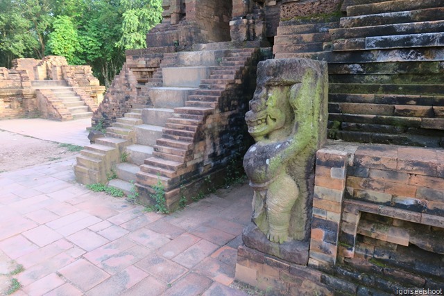 UNESCO World Heritage cultural site of the My Son. My Son was once the religious and political capital of the Champa Kingdom who ruled Central Vietnam from 4th to 15th century. A mix of old and newly restored (lighter coloured) bricks on a restored building.