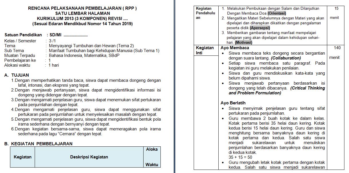 RPP Kelas 3 Tema 2, 1 Lembar Halaman Kurikulum 2013 Tahun ...