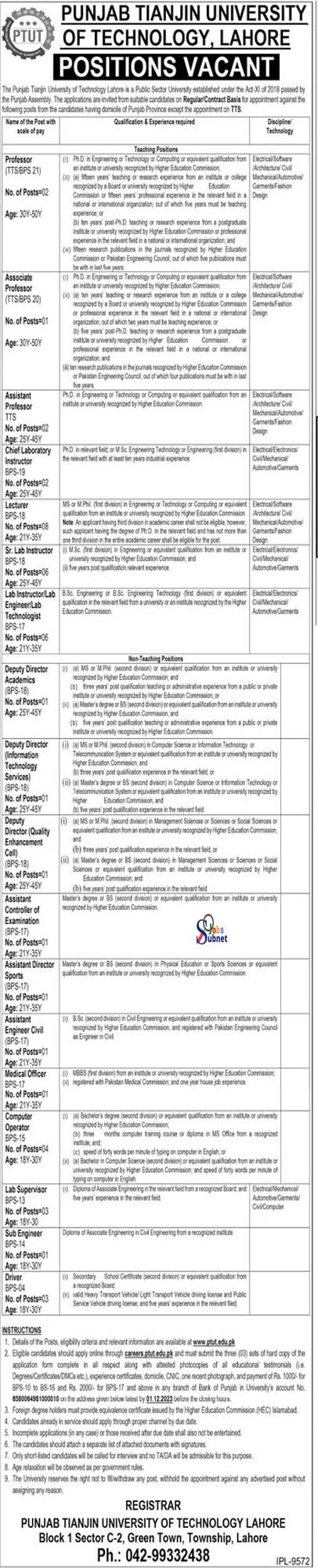 Position Vacant At Punjab Tianjin University of Technology 2023