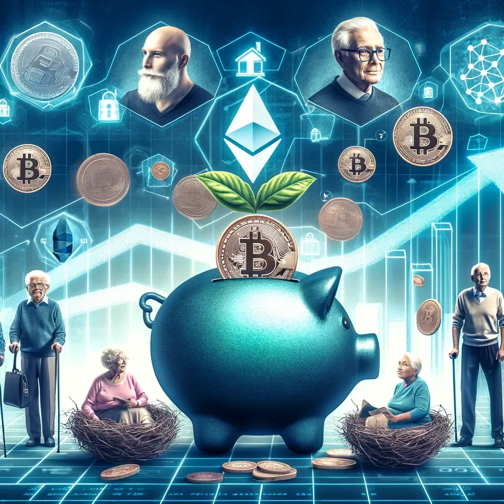 Diverse group of elderly individuals looking at a digital screen showing a rising financial graph, symbolizing the growth potential of integrating cryptocurrency into retirement portfolios.