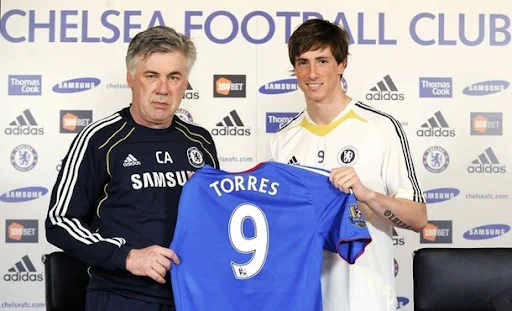 Chelsea manager Carlo Ancelotti and new signing Fernando Torres pose for photographers