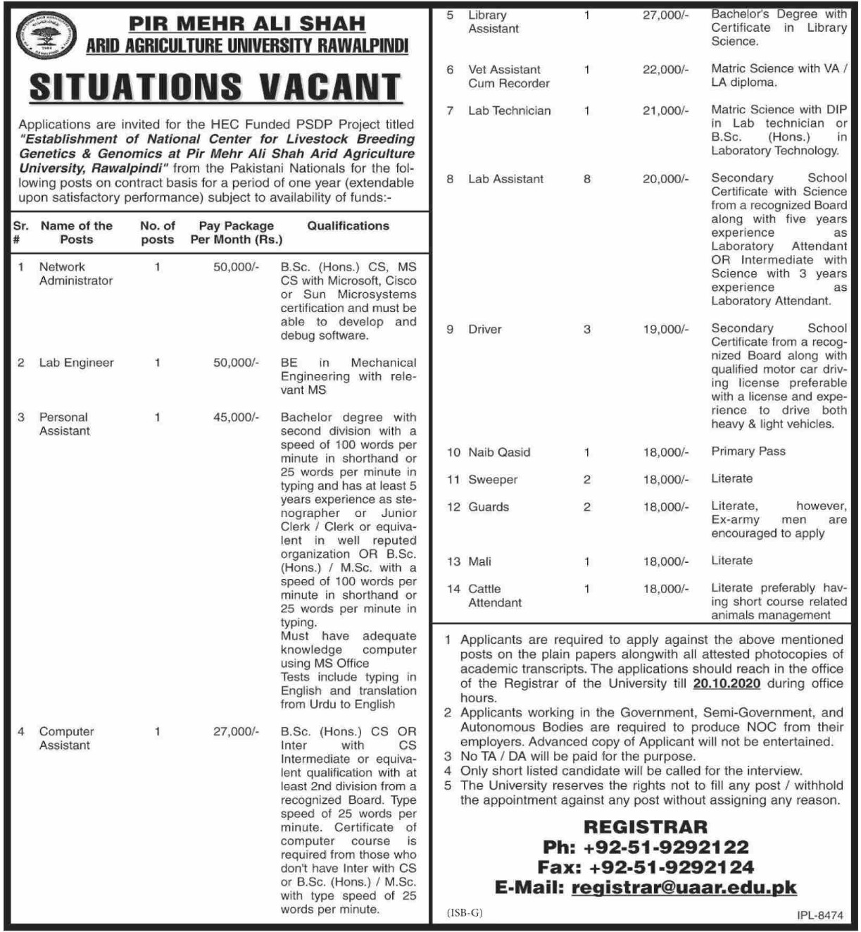 Agriculture University Rawalpindi Jobs October 2020