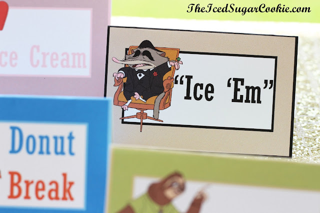 Make Your Own DIY Zootopia Food Label Cards And Hanging Flag Banner by The Iced Sugar Cookie-Mole Mr Big, Nick Fox, Judy Bunny, Flash Sloth, Elephant Jerry