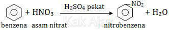 Reaksi benzena dengan asam nitrat menghasilkan nitro benzena dengan katalisator asam sulfat pekat