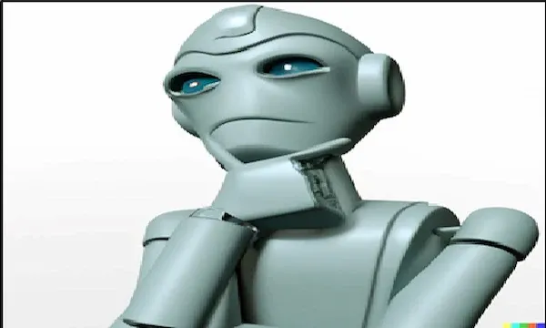 a 3D rendering of a robot thinking. The robot is humanoid, with a white metal body and a black head. It has two arms and two legs, and its hands are resting on its chin. The robot is also wearing a black shirt and pants.