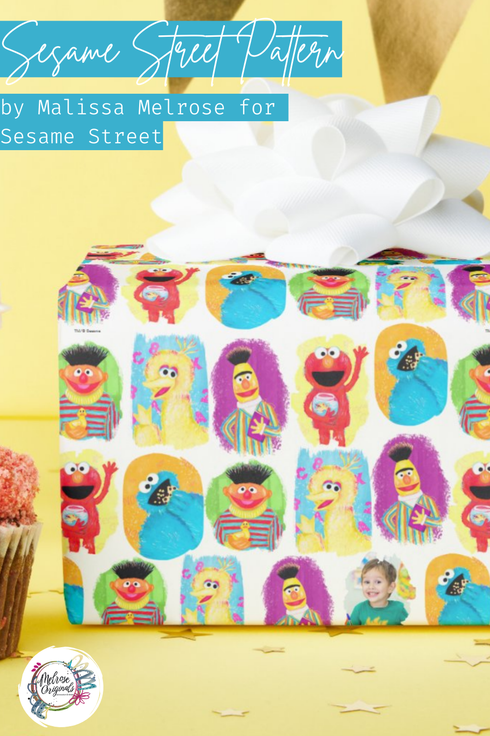 wrapping paper with Sesame Street character art by Malissa Melrose