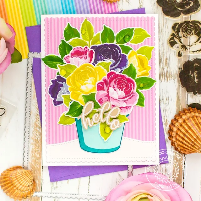 Sunny Studio Blog: Roses in Flower Pot Hello Summer Handmade Card by Mona Tóth (using Potted Rose Stamps, Everything's Rosy Stamps, Frilly Frames Stripes Dies, Woodland Border Dies and Dots & Stripes Pastels Paper)