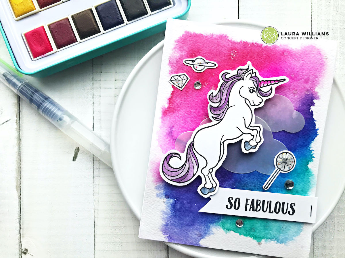 Hey there my crafty peeps, how are you today? I am completely in love with my new little watercolor tins and I am watercoloring all of the things lately. Today, I have a fun little rainbow idea to share with you, featuring the Magical Unicorn stamps from FSJ + Spellbinders. You can use this idea with whatever type of watercolor medium you have - even liquid dye inks. Are you ready to take a look with me?