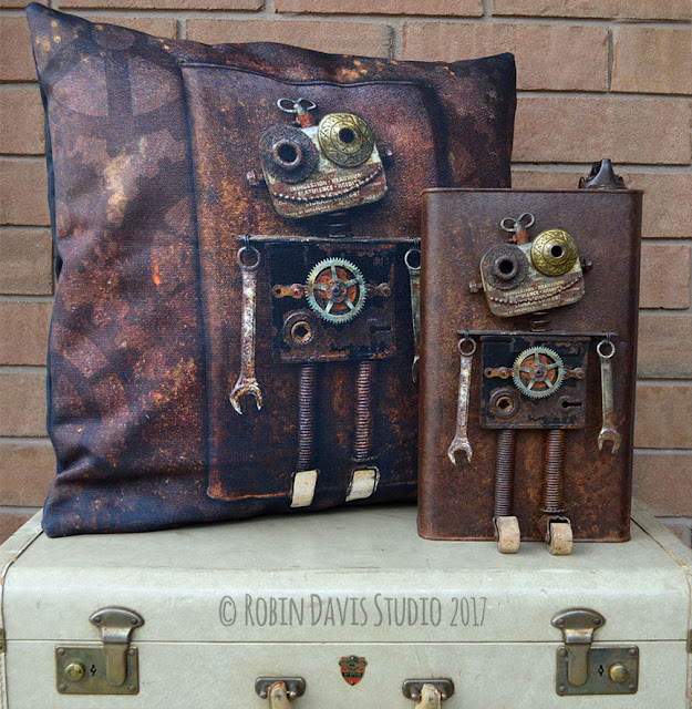 Rustic Decorative Robot Pillow by Robin Davis Studio