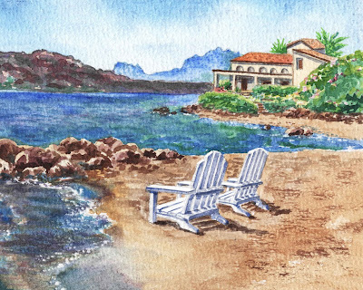 Two White Chairs At The Beach Old Town Cannigione Italy Sardinia Island Mountains Watercolor painting by the artist Irina Sztukowski