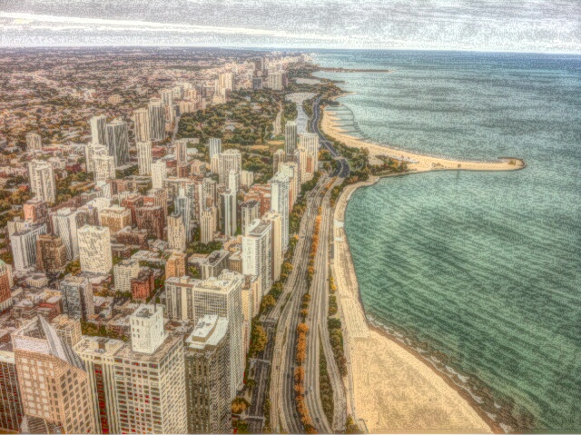 Buildings by the bay or beach.  These are office buildings and residential condominiums near the beach.