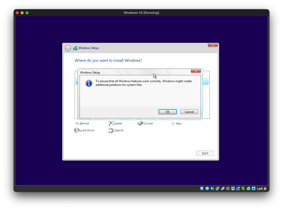 Cara Install Windows 10 di VirtualBox - Konfirmasi partisi tambahan untuk file sistem
