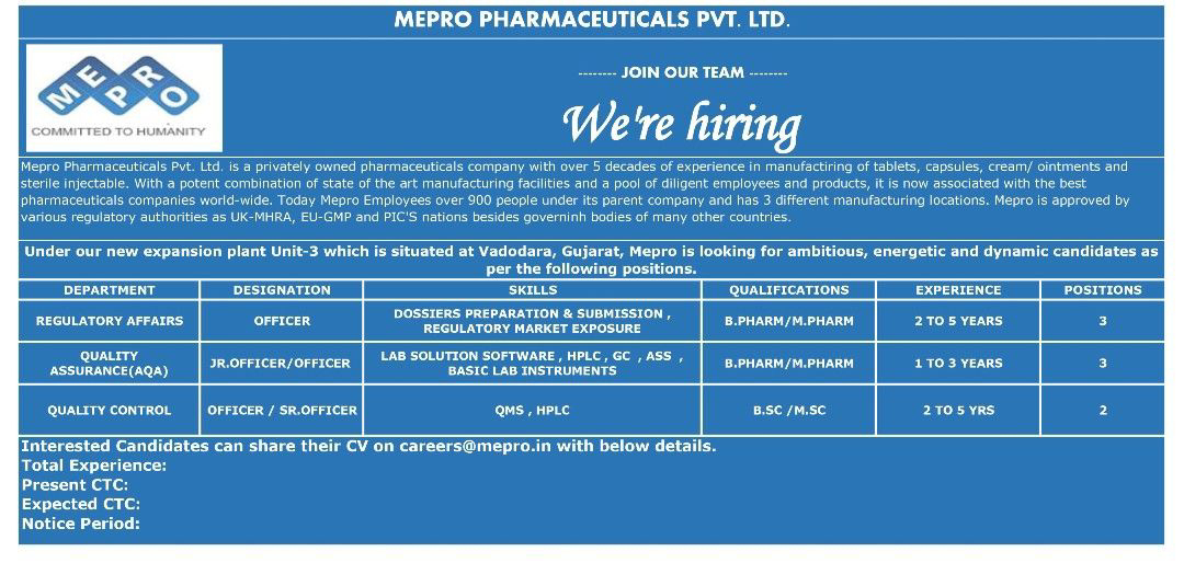 Job Available's for Mepro Pharmaceuticals Pvt Ltd Job Vacancy for Regulatory Affairs/ QA/ QC