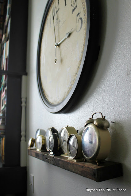 old level, shelf, clocks, DIY shelf, wall shelf, collecting, http://bec4-beyondthepicketfence.blogspot.com/2016/04/level-shelf.html