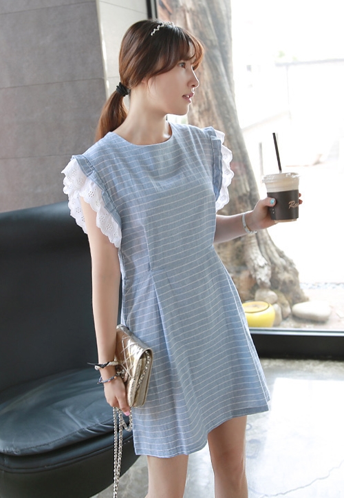 Striped Chambray Dress with Eyelet Sleeves