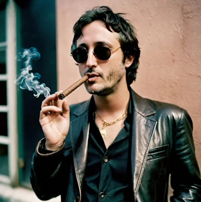 Harmony wearing a black leather blazer and dark sunglasses smoking a cigar outside