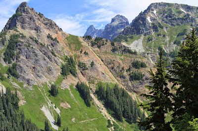 View from the Pacific Crest Trail near Joe Lake, looking toward Huckleberry Mountain (left in the photo) and Chikamin Peak