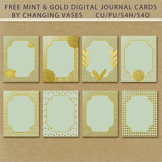Free Mint and Gold Digital Journal Card Set