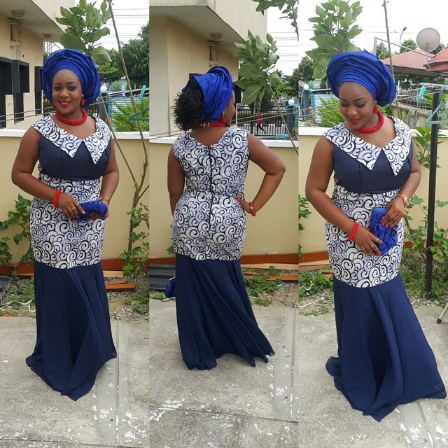 White And Blue Long Ankara Style Mixed With lace Material