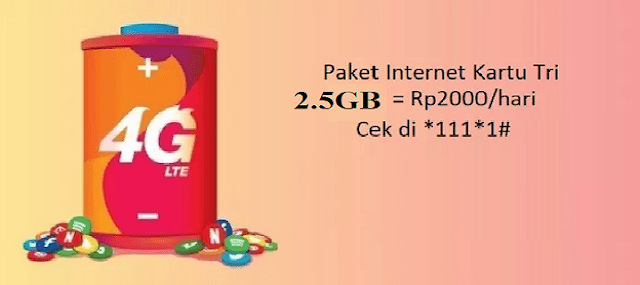 Cara Daftar Paket Internet Tri Rp 2000 2.5 GB Terbaru