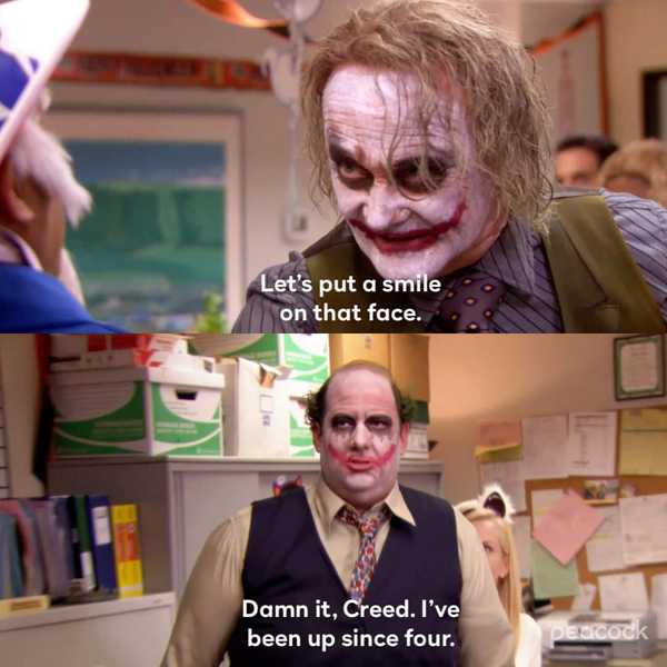 Creed Bratton (Creed Bratton) and Kevin Malone (Brian Baumgartner) pay homage to 2008's THE DARK KNIGHT in THE OFFICE.