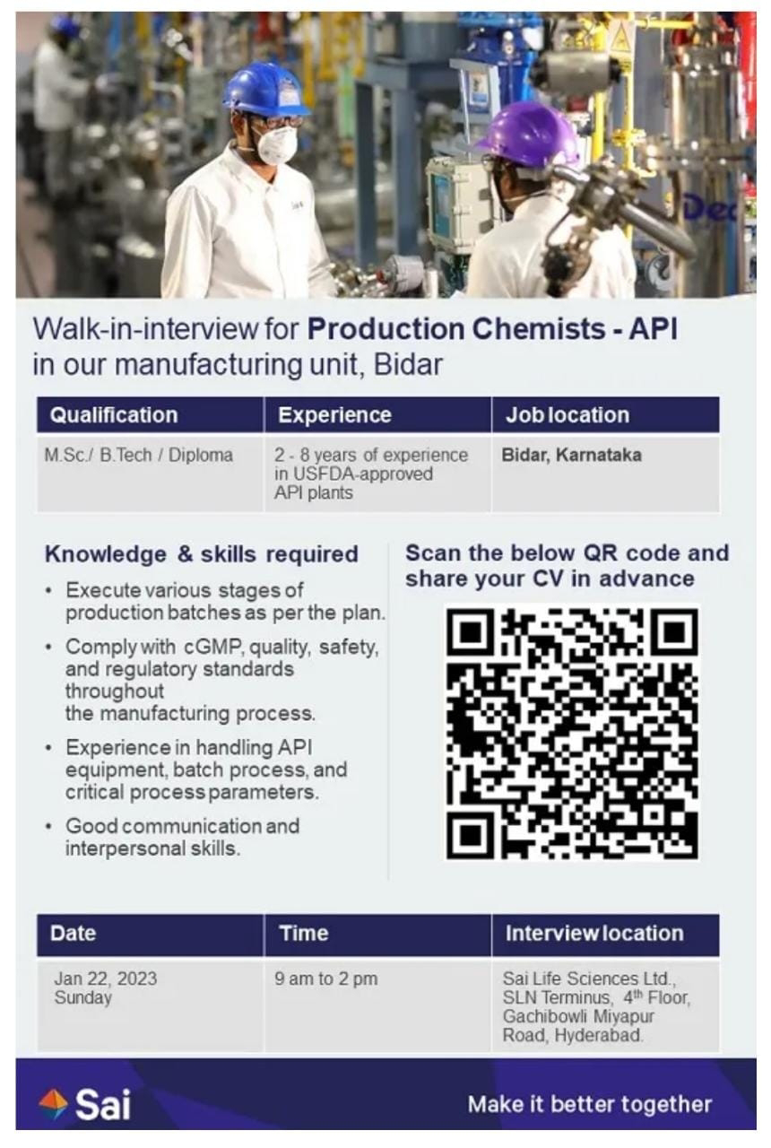 Job Availables, Sai Walk In Interview For Production Department