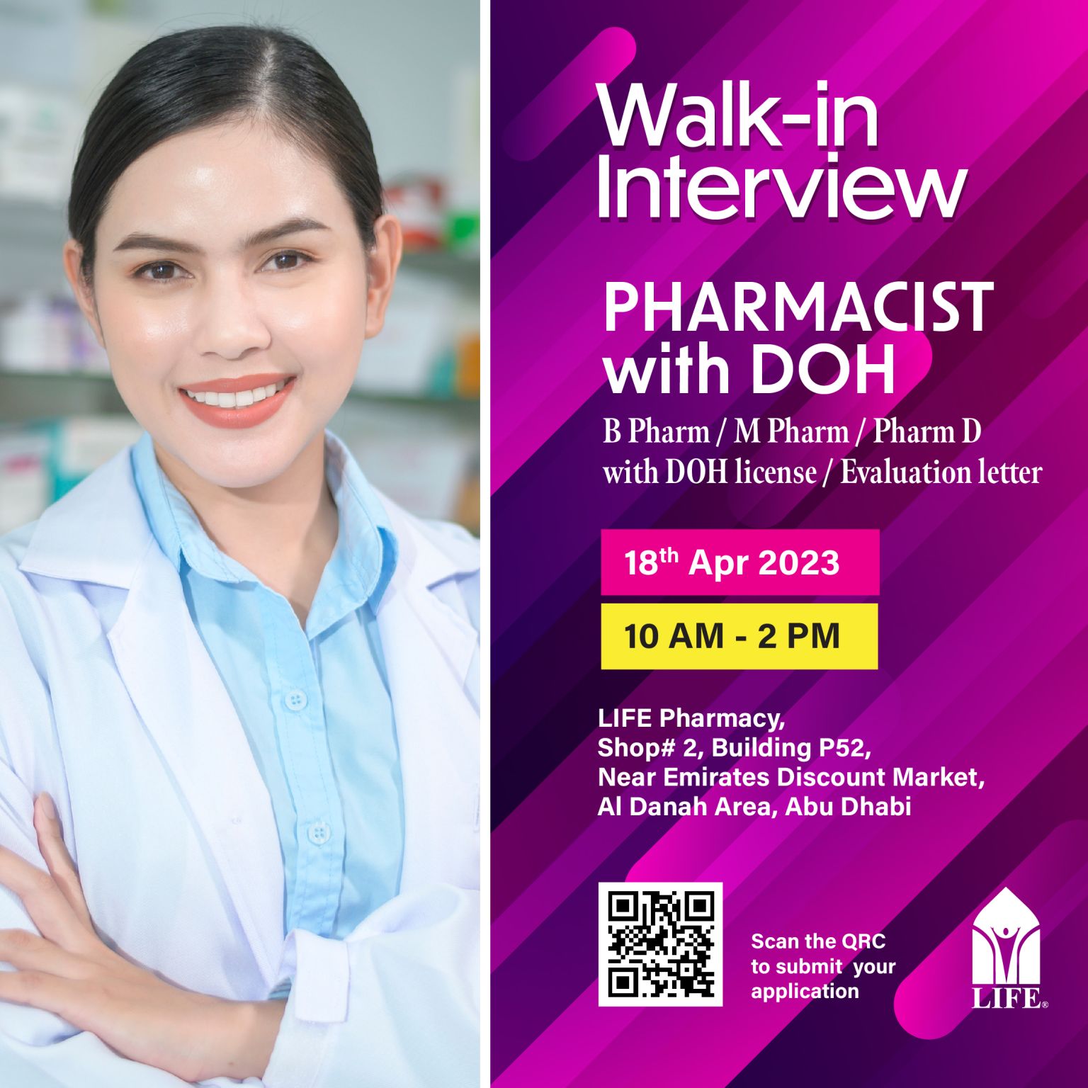 Walk-in Interviews (18-04-2023) | Pharmacist | Life Pharmacy | Abu Dhabi