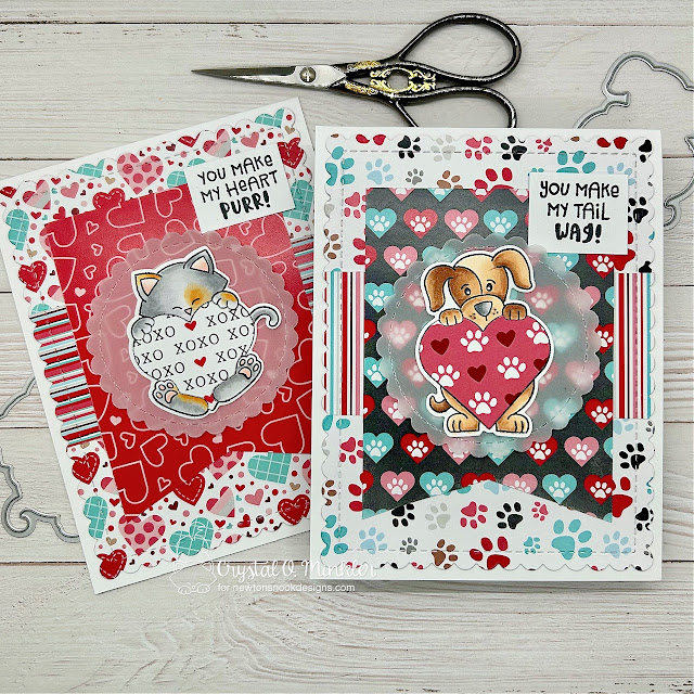 Crystal's Valentine's cards feature Newton's Heart, Puppy Heart, Frames & Flags, Circle Frames, Love & Meows, and Love & Woofs by Newton's Nook Designs; #inkypaws, #newtonsnook, #puppycards, #catcards, #valentinescards, #cardmaking, #cardchallenge