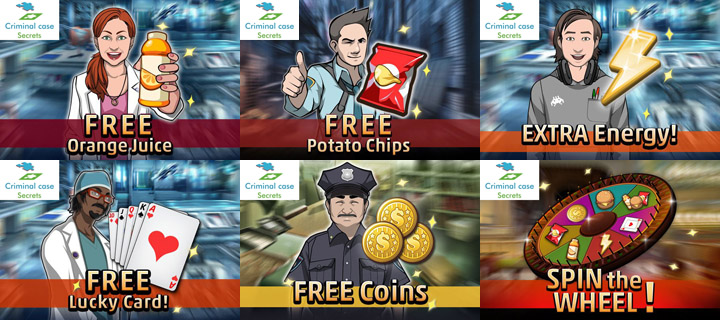 criminal case game free gifts+rewards+burger+Coins+chips+juice+Free meal+lucky cards+spin the wheel+extra energy