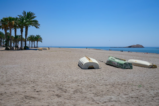 Playa de arena fina con barquitas de madera varadas y palmeras con las azules aguas del mar a su frente