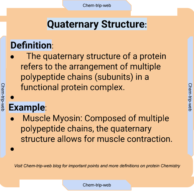 The quaternary structure of a protein refers to the arrangement of multiple polypeptide chains (subunits) in a functional protein complex.Muscle Myosin: Composed of multiple polypeptide chains, the quaternary structure allows for muscle contraction