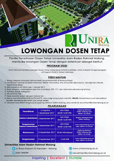 lowongan dosen, lowongan dosen malang, dosen sistem informasi, universitas raden rahmad, UNIRA, agustus 2017