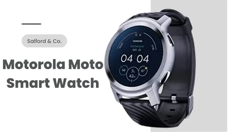 A picture of motorola smartwatch Glacier Silver with a white and gray background