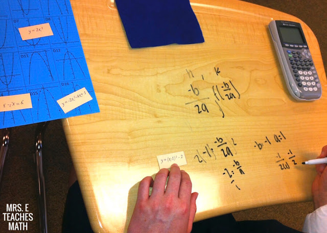 Writing on their desks can be a fun way to engage students in high school math.  This fun activity in Algebra 2 helps students practice writing quadratic equations in factored, general, and standard form.