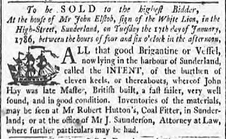 A newspaper advertisment illustrated with a little sailing ship, advertising the sale of the Brigantine Intent.