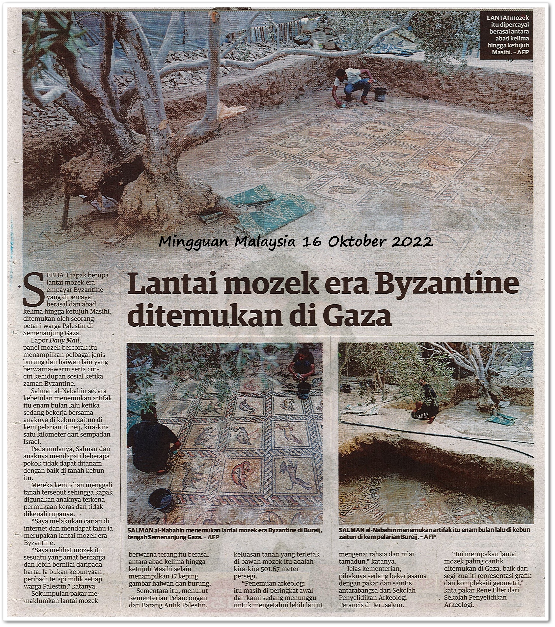 Lantai mozek era Byzantine ditemukan di Gaza - Keratan akhbar Mingguan Malaysia 16 Oktober 2022