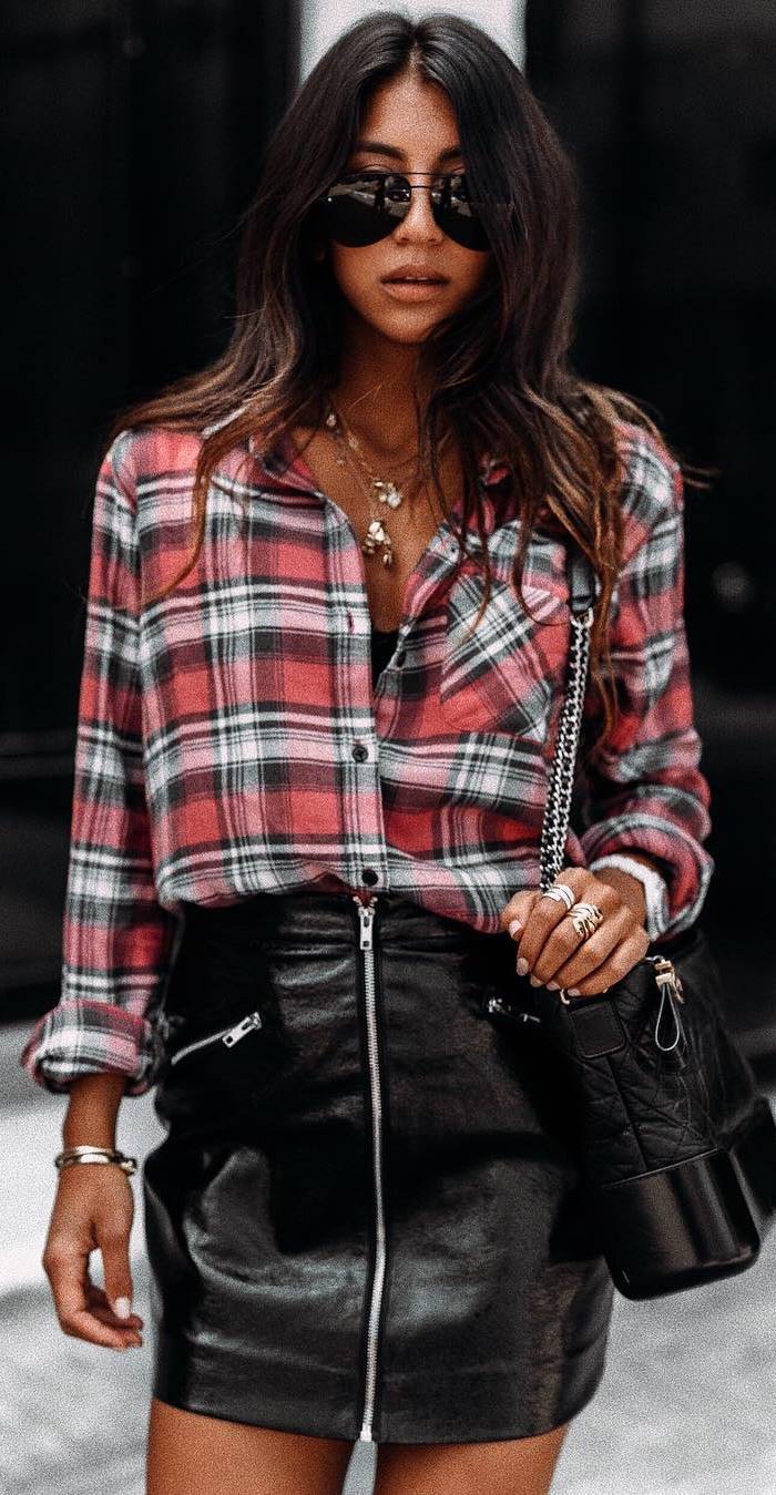 how to style a plaid shirt : leather skirt and bag