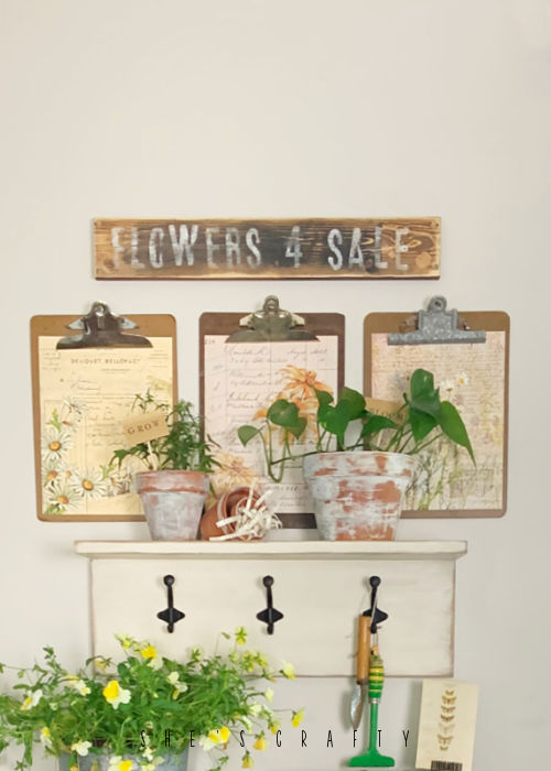 Wooden Shelf with gardening printables.