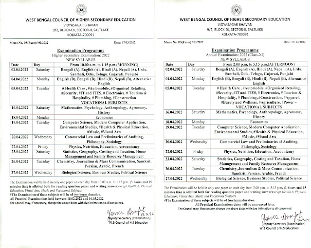 Revised WBCHSE Exam Routine 2022