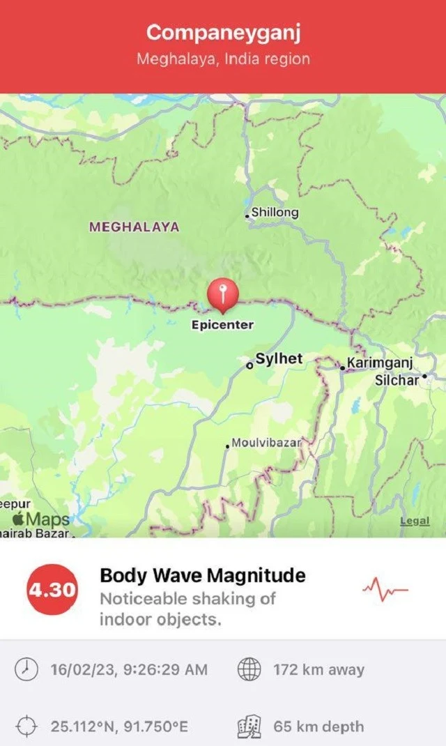 A magnitude 4.30 earthquake occurred in southern Meghalaya