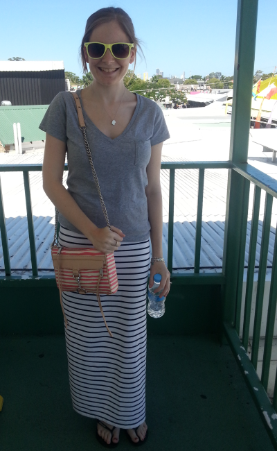 Australian Summer outfit spectrum grey tee striped maxi skirt RM mini MAC bag