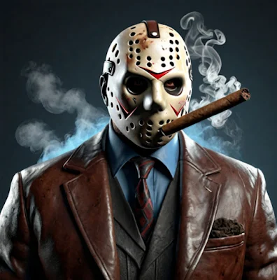 Jason Voorhees wearing a retro brown leather blazer with a long cigar hanging from his hockey mask